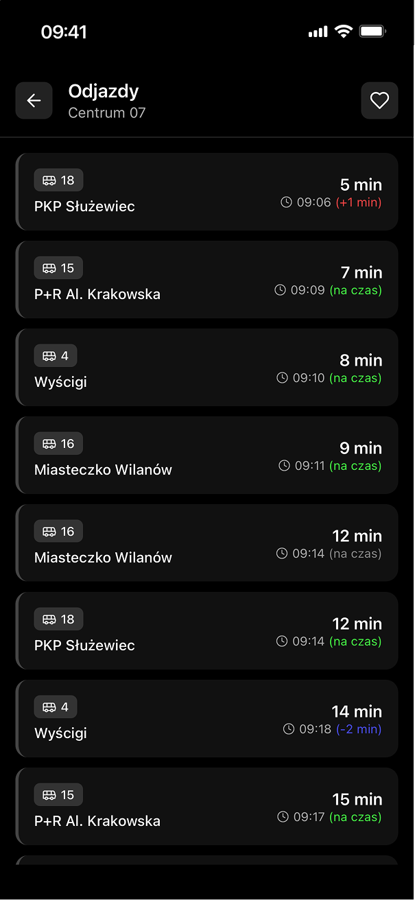 Ekran rzeczywistych odjazdów w aplikacji Moveit